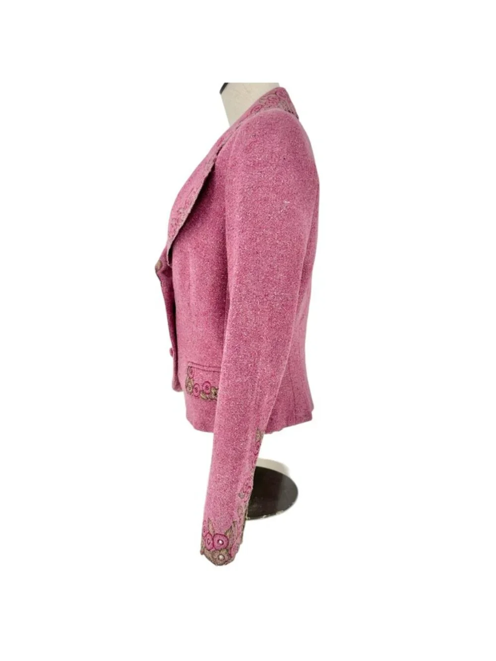 Carmen Marc Valvo Blazer Jacket Womens Sz 10 Pink Wool Blend Embroidered Floral - Picture 10 of 10